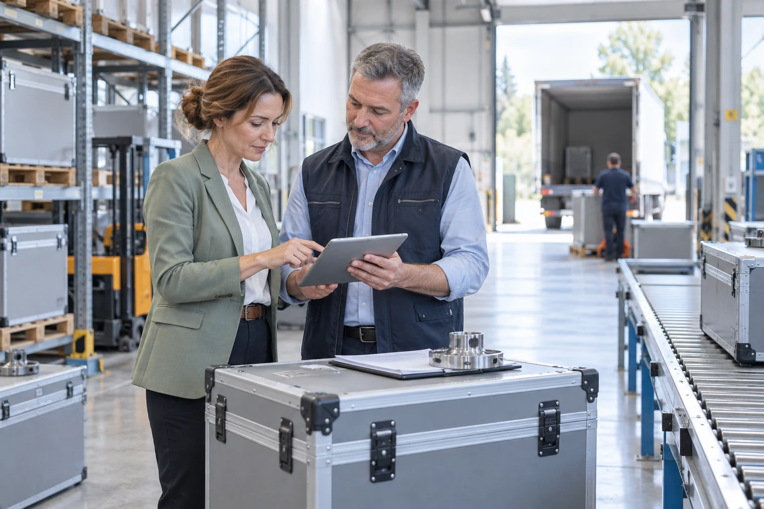 Kaufinteressentin und Betriebsleiter in einem technischen Logistikunternehmen