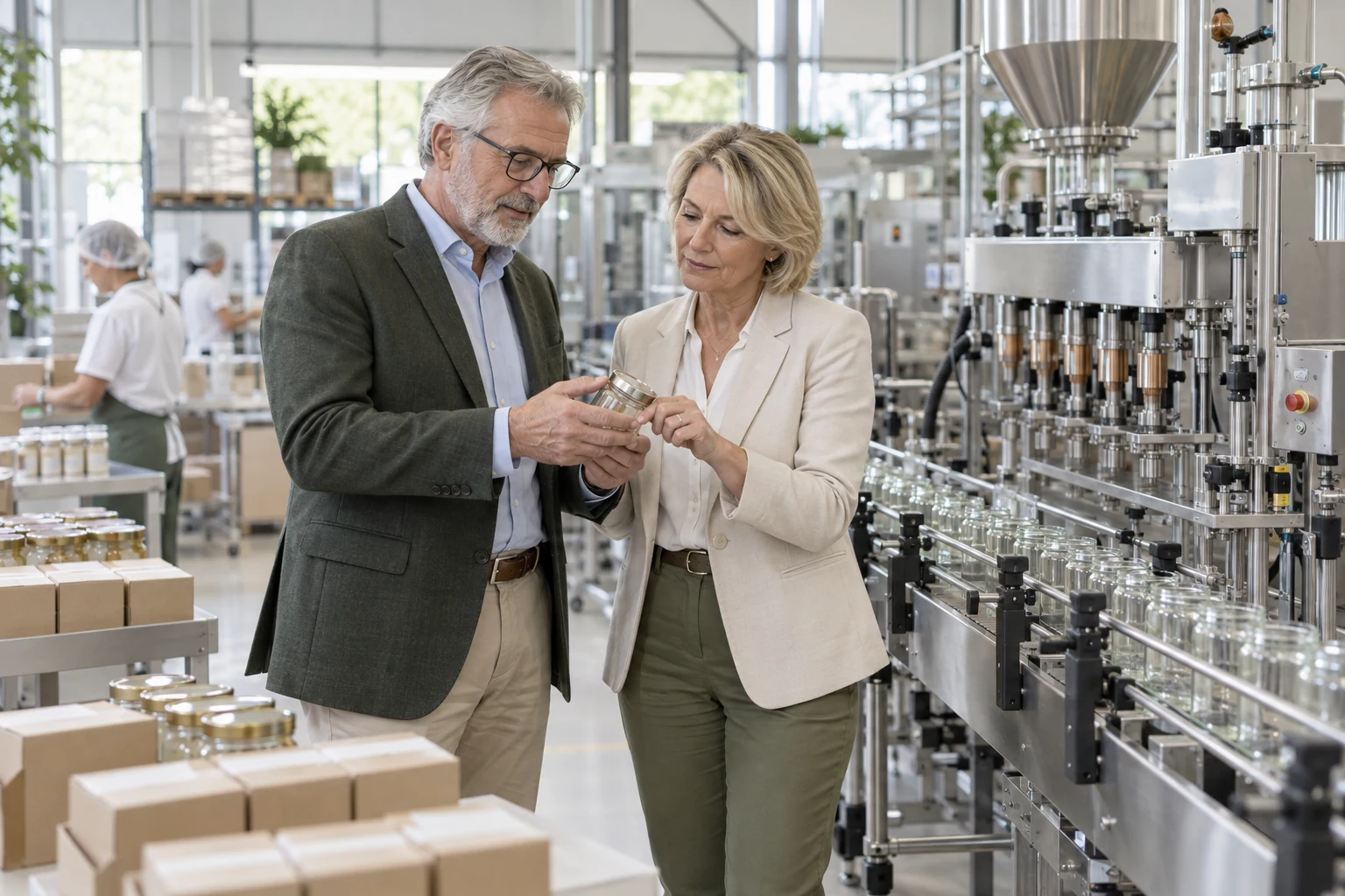 Eigentümer eines Verpackungsbetriebs besprechen den Umfang einer Firmenübergabe